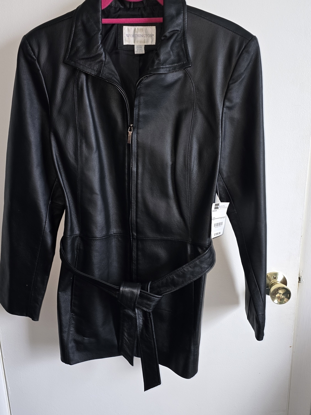 Worthington Black Leather Belted Zip Jacket